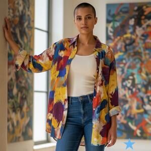 Soft Surroundings Womens Shirt M 8 10 Artsy Painter Palette Button Up Blouse Top